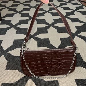 Brown Faux Leather Croc Print Shoulder Bag with Silver Chain